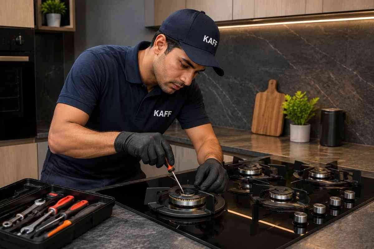 Kaff hob repair technician fixing burner ignition at home in Mumbai