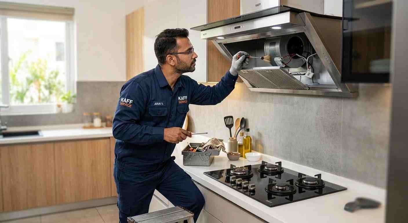 Kaff chimney repair service technician checking motor suction in Mumbai kitchen