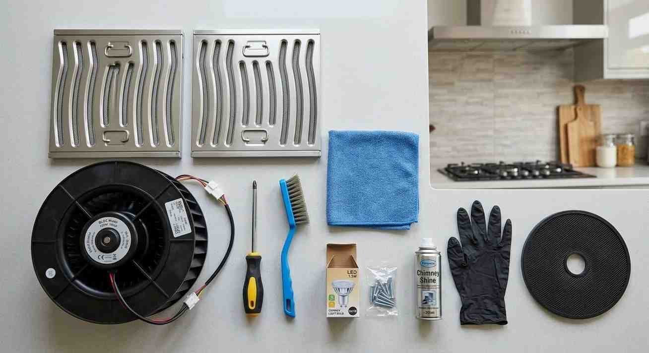 Kaff chimney spare parts and maintenance tools laid out for repair