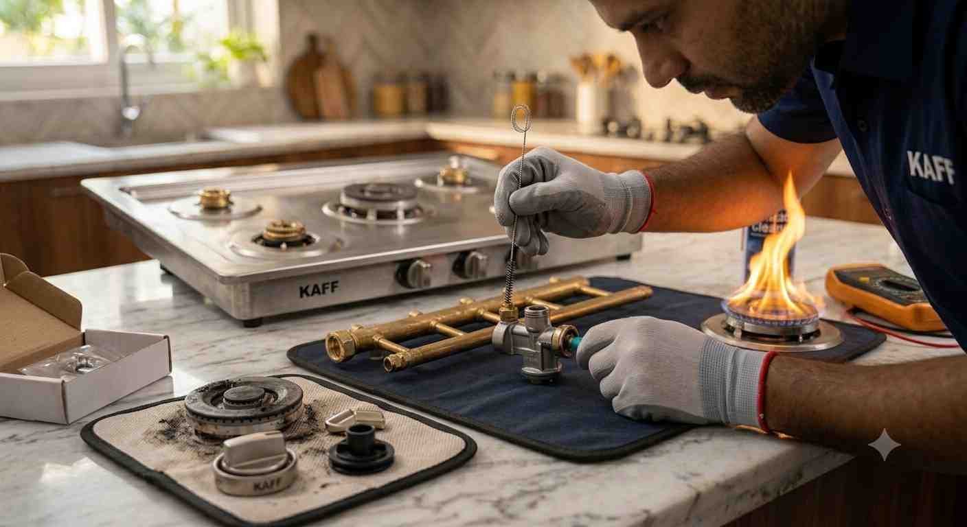 Kaff Cooktop Repair Kaff cooktop clogged gas jet cleaning to fix yellow or weak uneven flame
