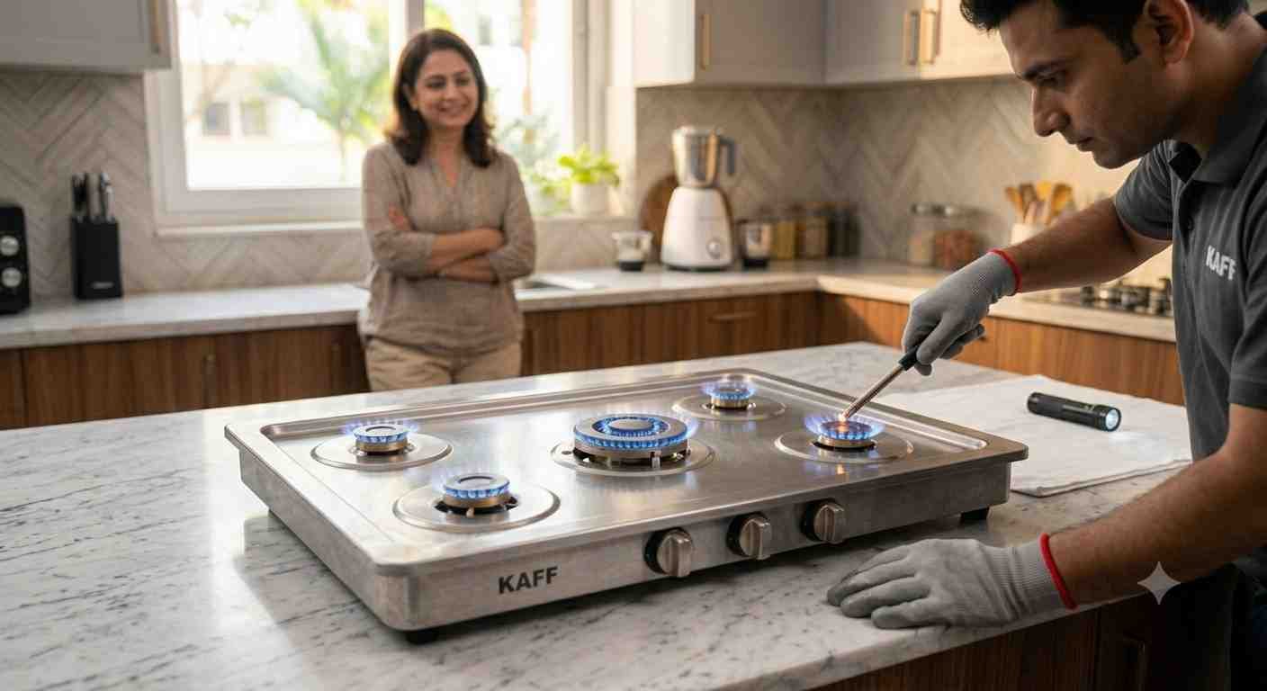Kaff Cooktop Repair Final blue flame test on all burners after Kaff cooktop repair service completed