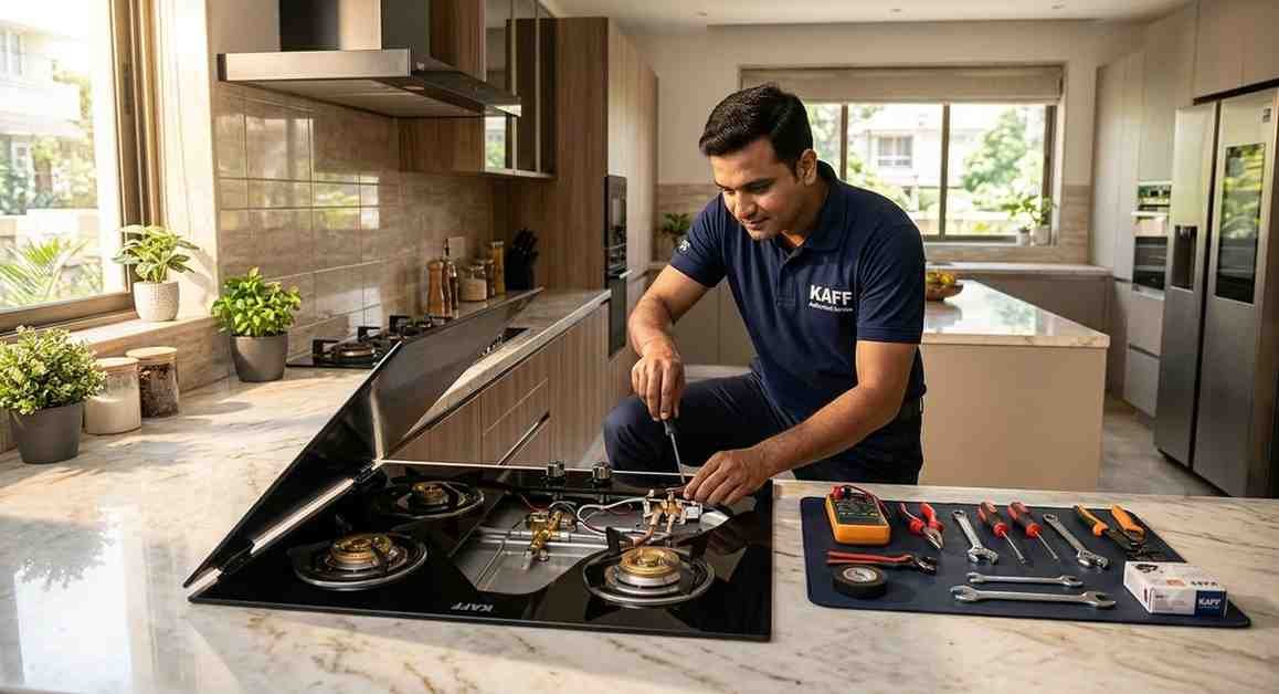 Certified Kaff hob repair service technician fixing hob at doorstep