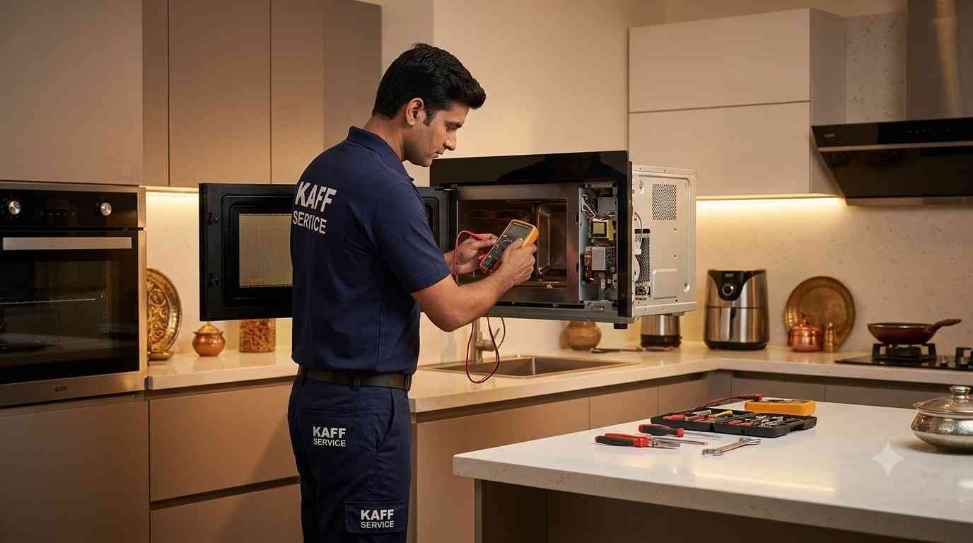Expert Kaff microwave oven repair service technician diagnosing fault at customer doorstep