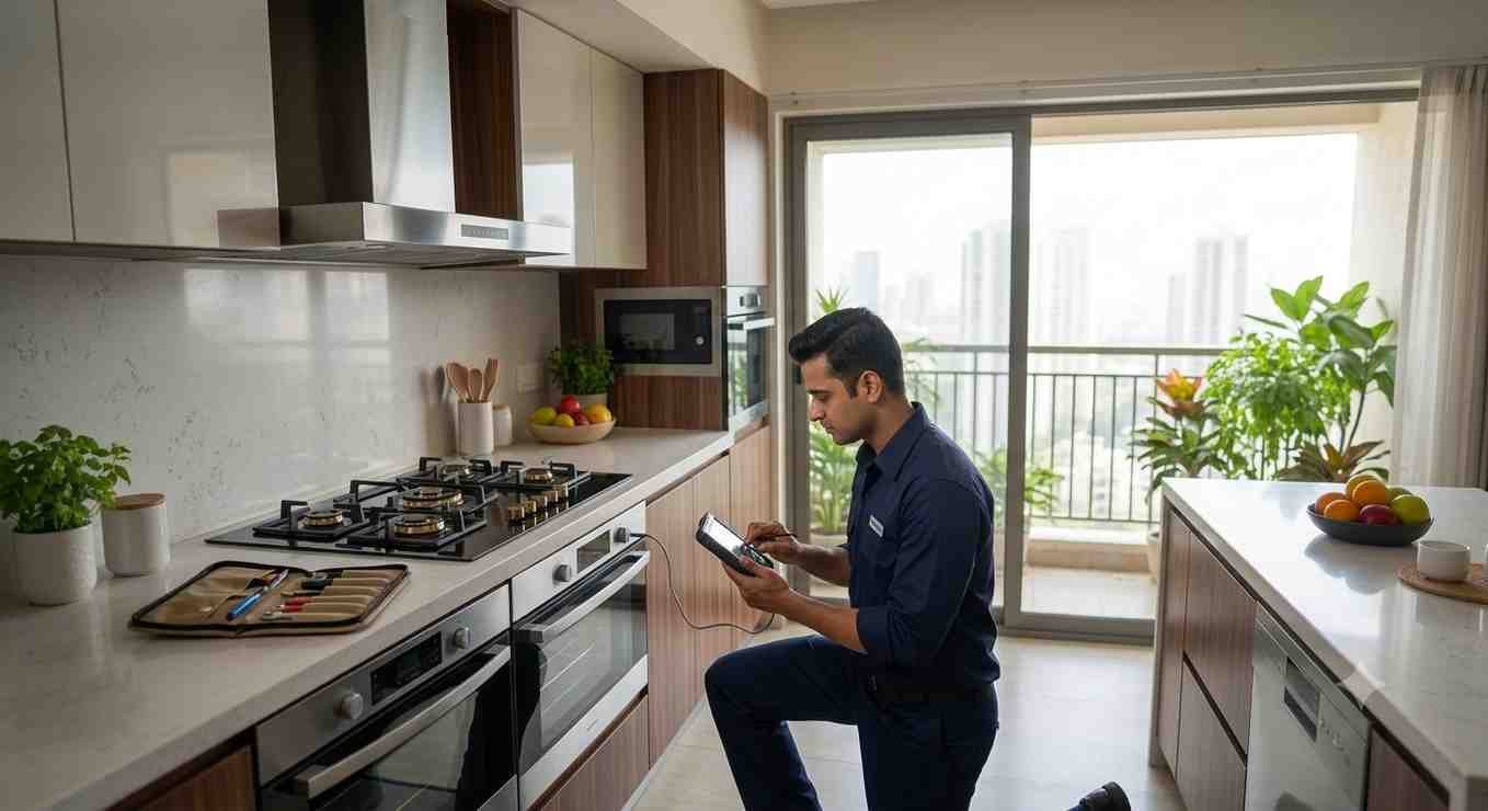 Kaff service centre Bangalore — certified technician repairing kitchen appliance at customer doorstep