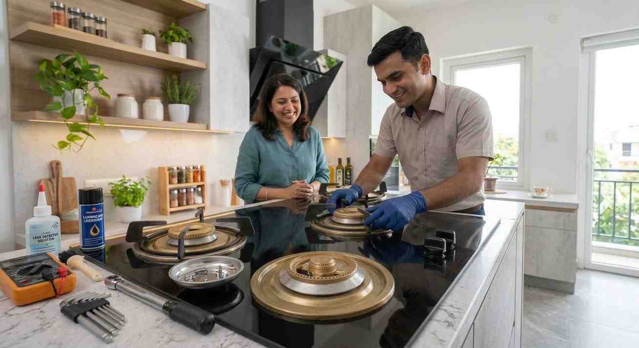 Happy customer after Kaff hob repair service in Koramangala Bangalore — technician completed same-day doorstep visit
