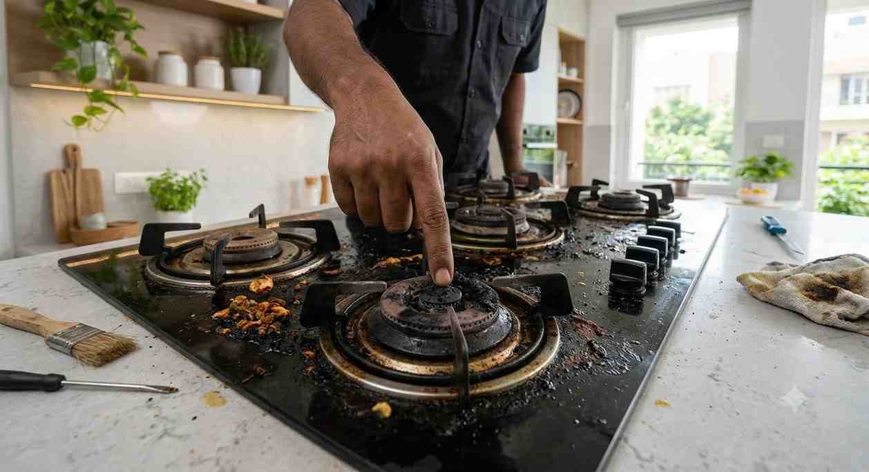 Kaff hob grease buildup on burner jet causing yellow flame and ignition failure