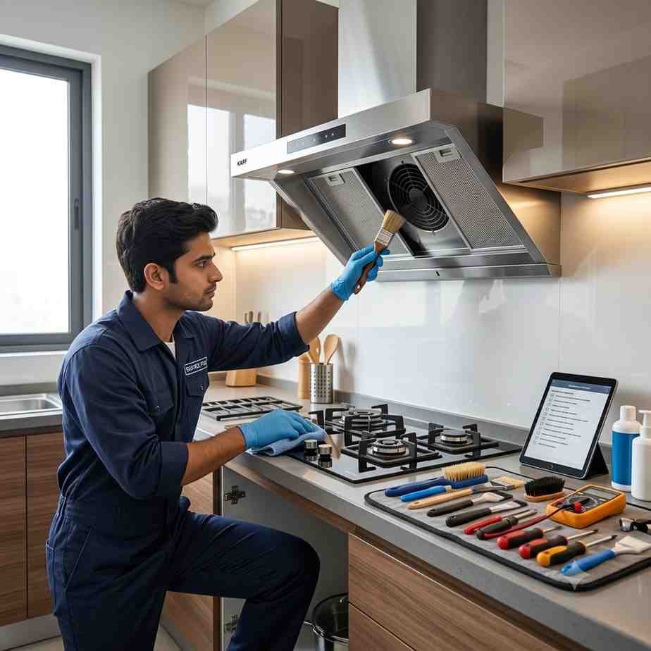 Kaff maintenance service Hyderabad — technician servicing kitchen appliance at home