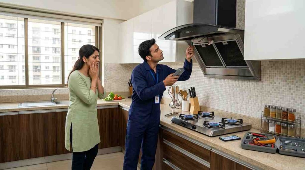 KAFF chimney repair technician inspecting kitchen chimney not working