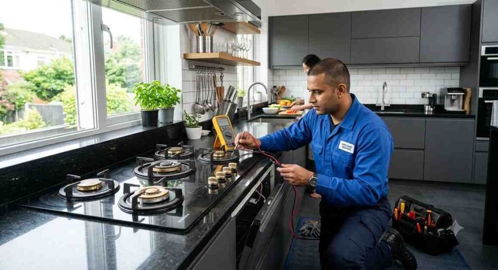 KAFF Hob Auto Ignition Not Working Technician inspecting a built-in hob with an auto ignition problem in a modern kitchen.