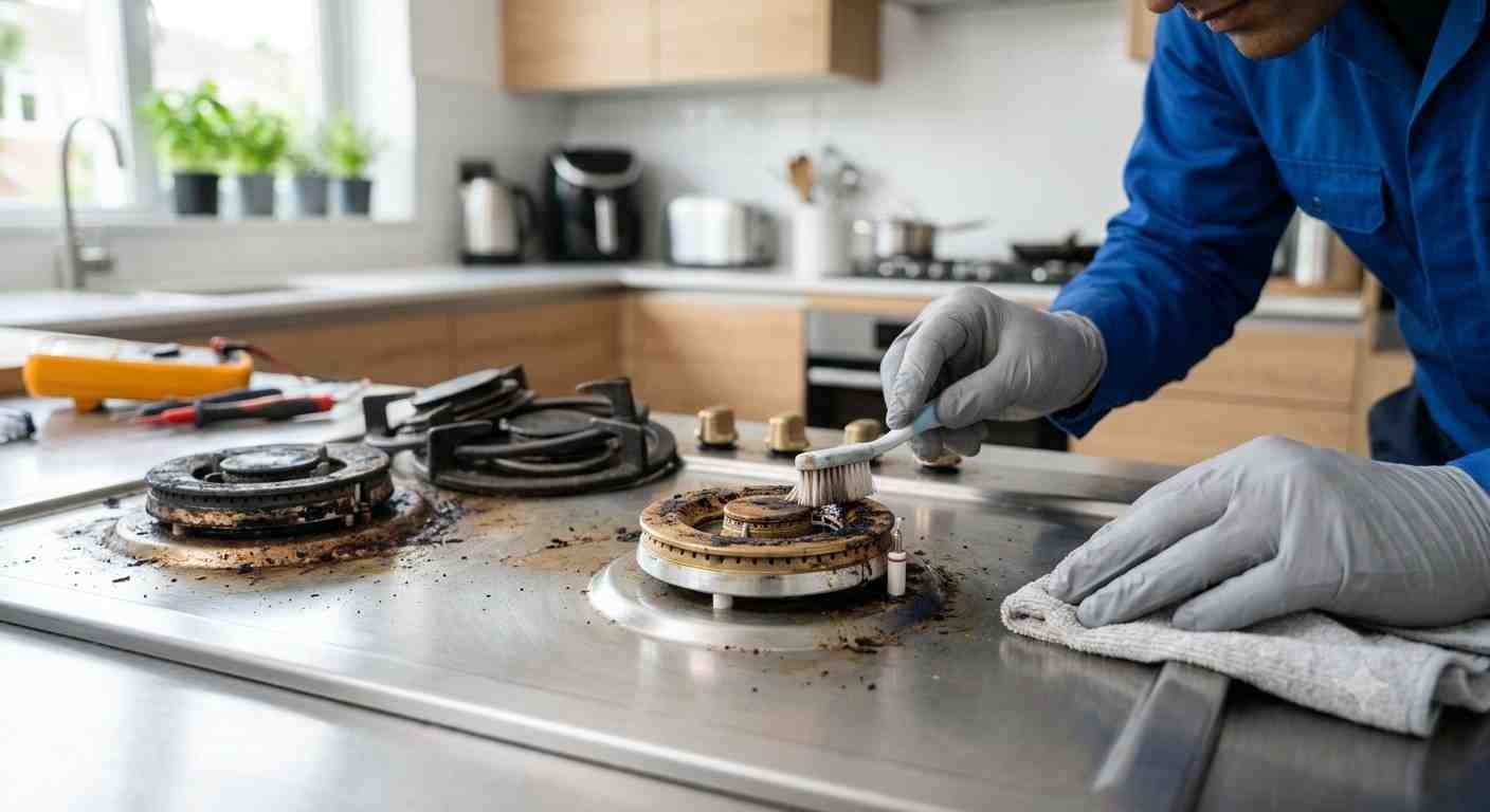 Cleaning dirty gas hob burners and ignition electrodes.