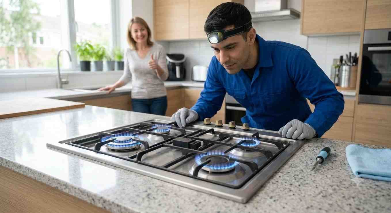 Kaff Hob, repair technician, testing the gas hob after repairing the auto-ignition system.
