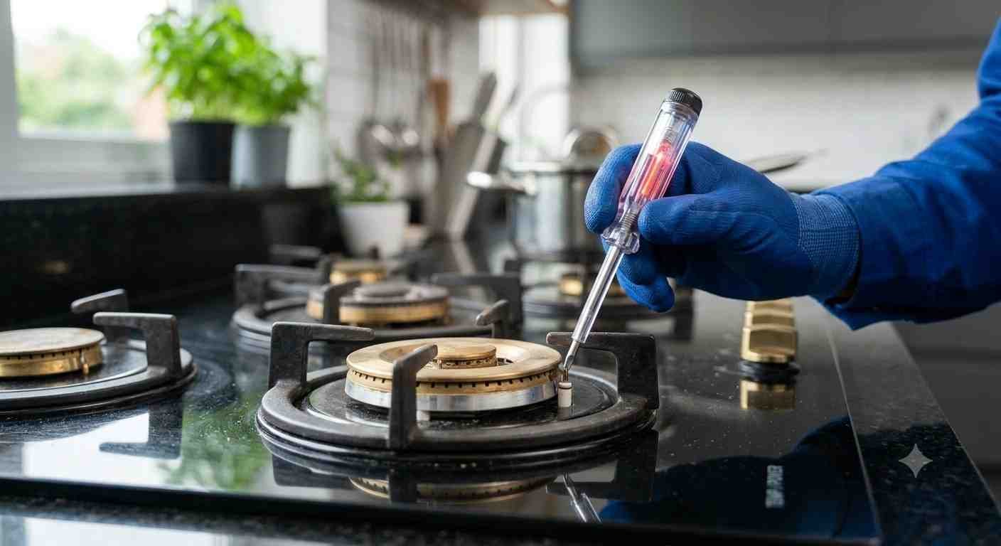 Technician testing the auto ignition spark on a gas hob burner.