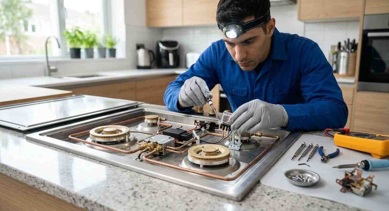 Technician replacing a faulty hob auto ignition switch.