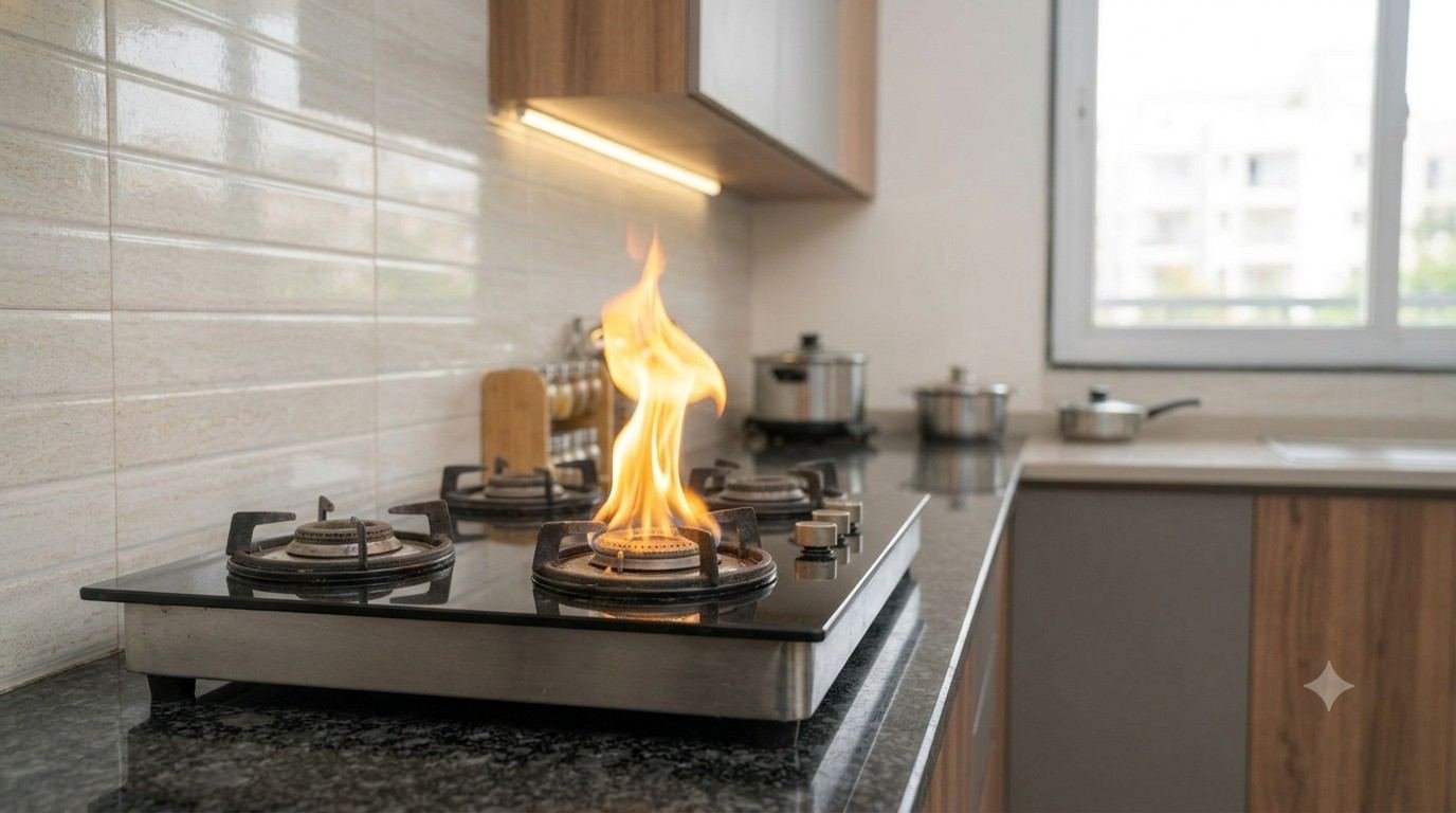 Abnormal yellow gas hob flame, safety warning sign
