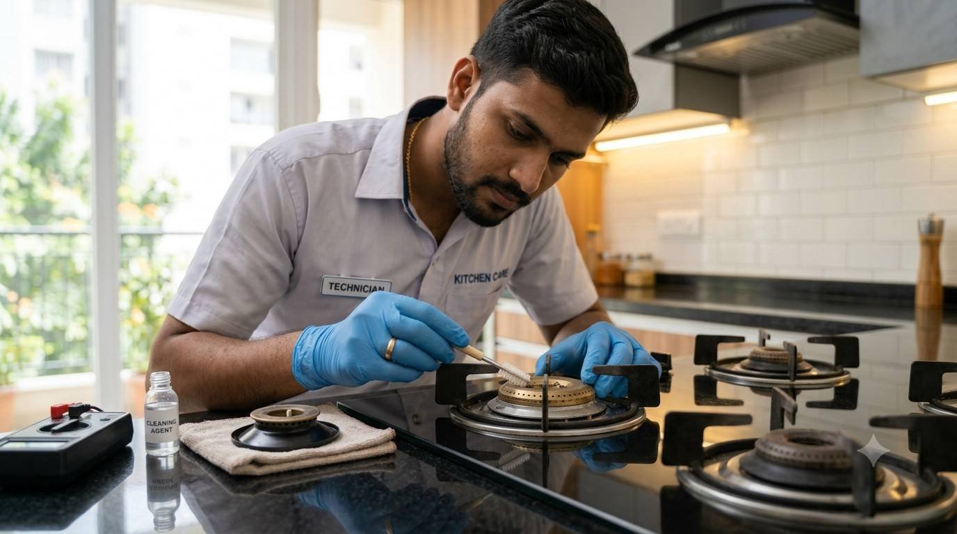 Cleaning clogged gas hob burner holes with a soft brush