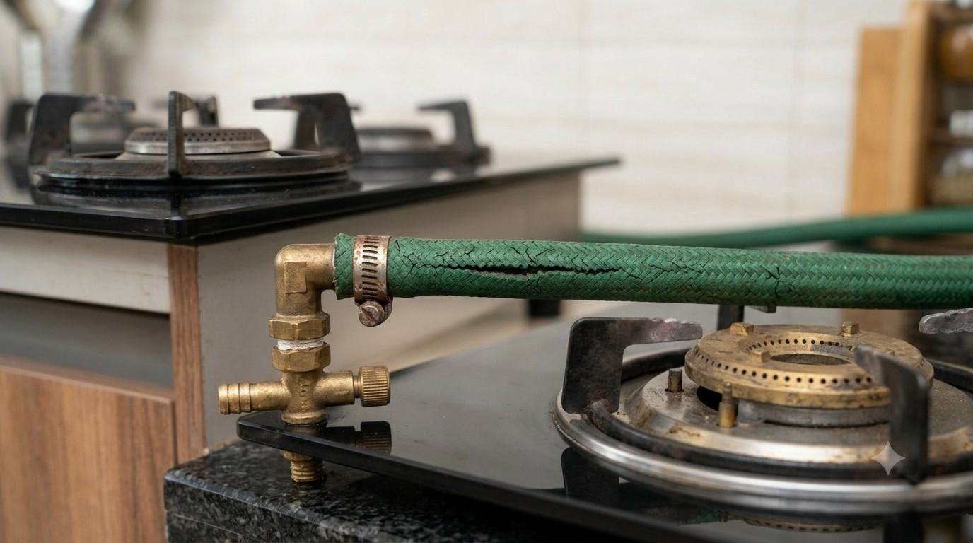 Damaged LPG gas hose near hob, safety check in Bangalore