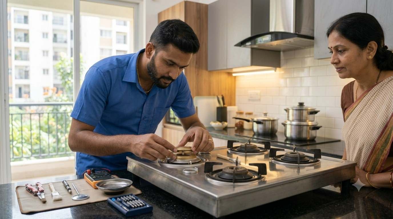 KAFF technician inspecting a gas hob at a Bangalore home