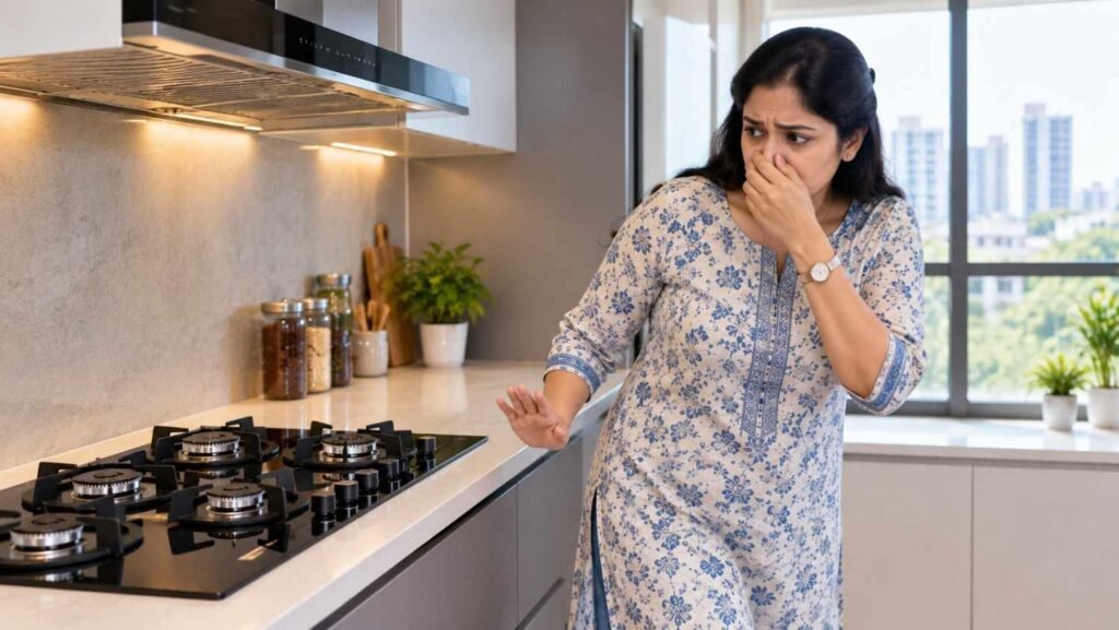Woman noticing a possible gas leak near a kitchen hob