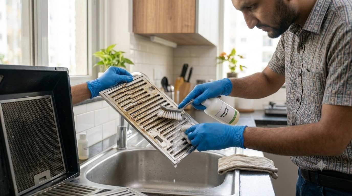 Cleaning kitchen chimney grease filters with warm soapy water