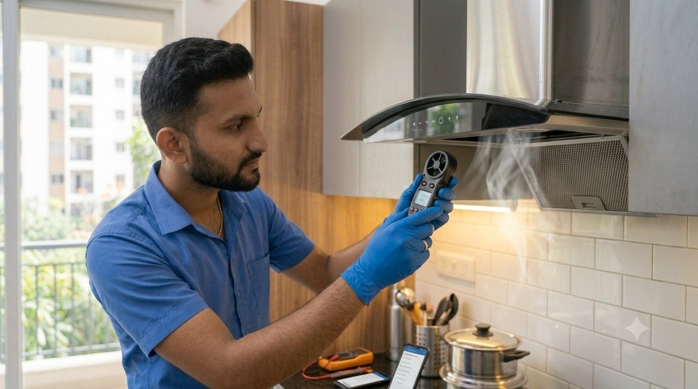 Kitchen chimney low suction repair, checking duct and outlet