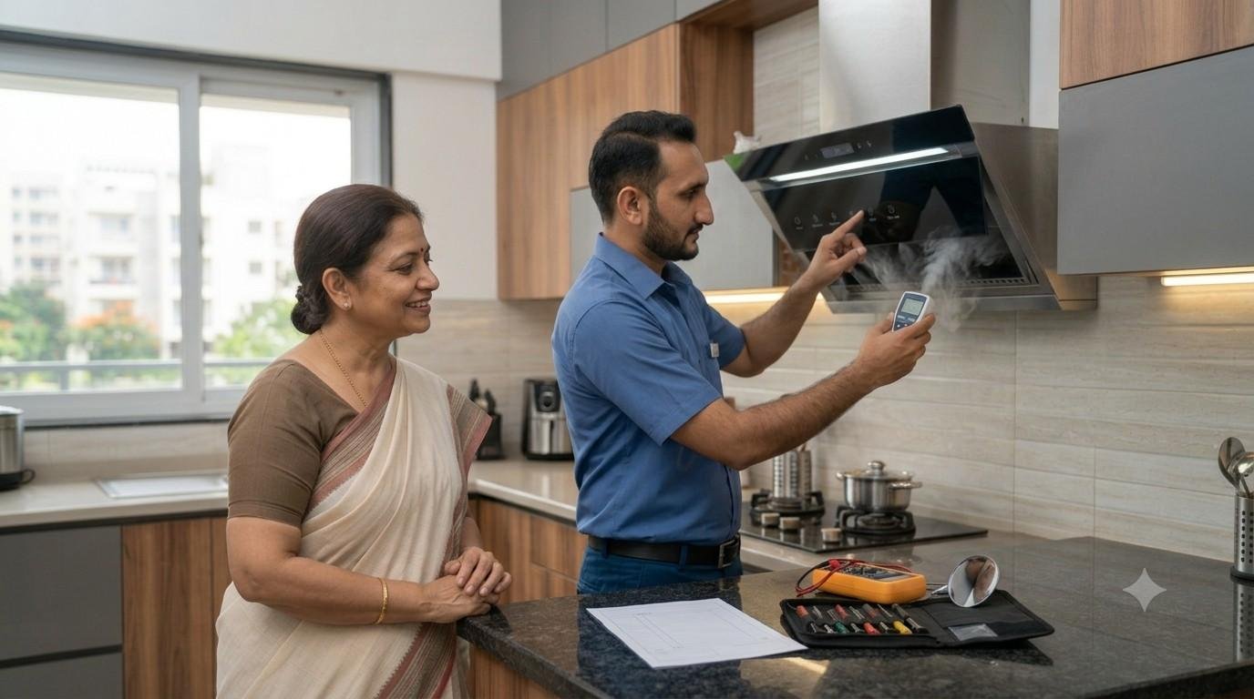 KAFF technician repairing a kitchen chimney in Bangalore